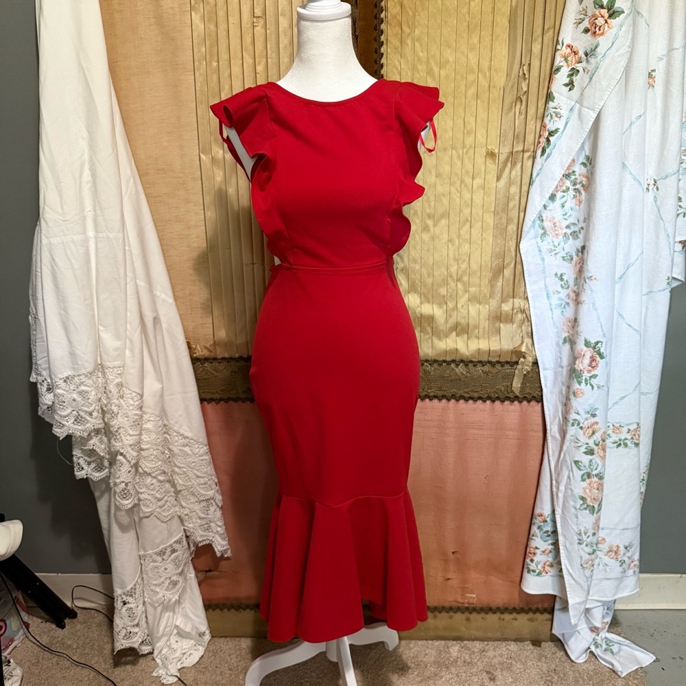 Red Sheath Midi Dress with Flutter Cap Sleeves